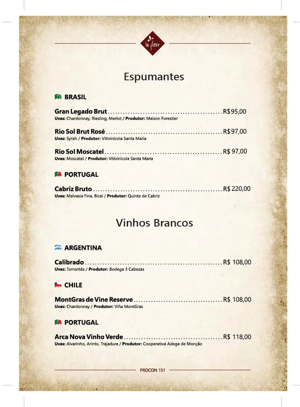 Página 2 da carta de vinhos do La Fleur Bistrô