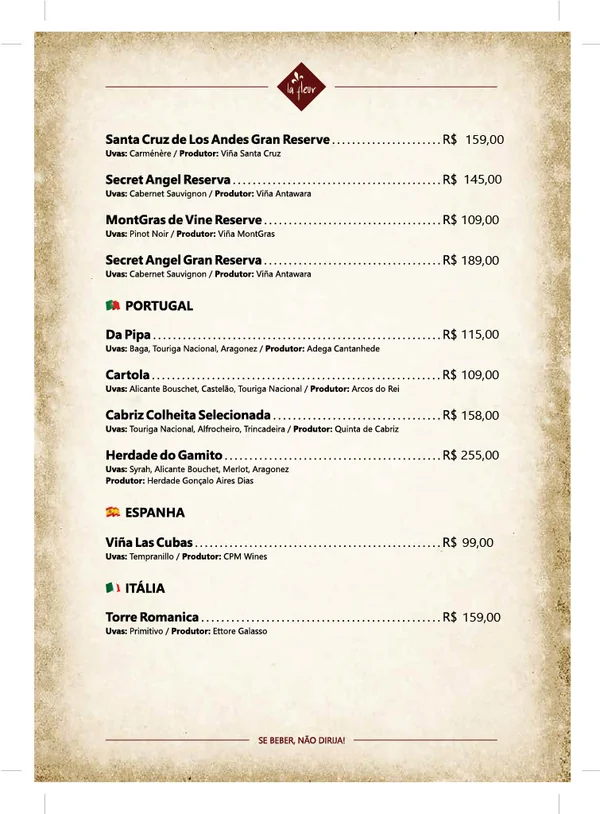 Página 3 da carta de vinhos do La Fleur Bistrô