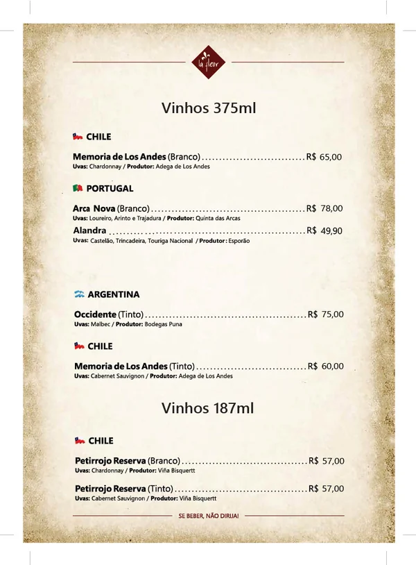Página 4 da carta de vinhos do La Fleur Bistrô