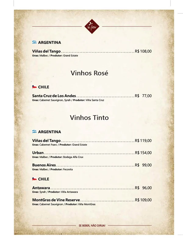 Página 5 da carta de vinhos do La Fleur Bistrô