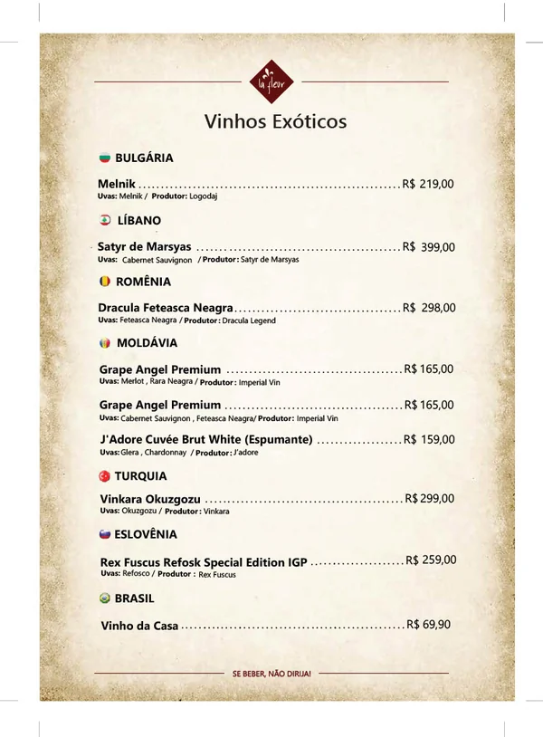 Página 6 da carta de vinhos do La Fleur Bistrô